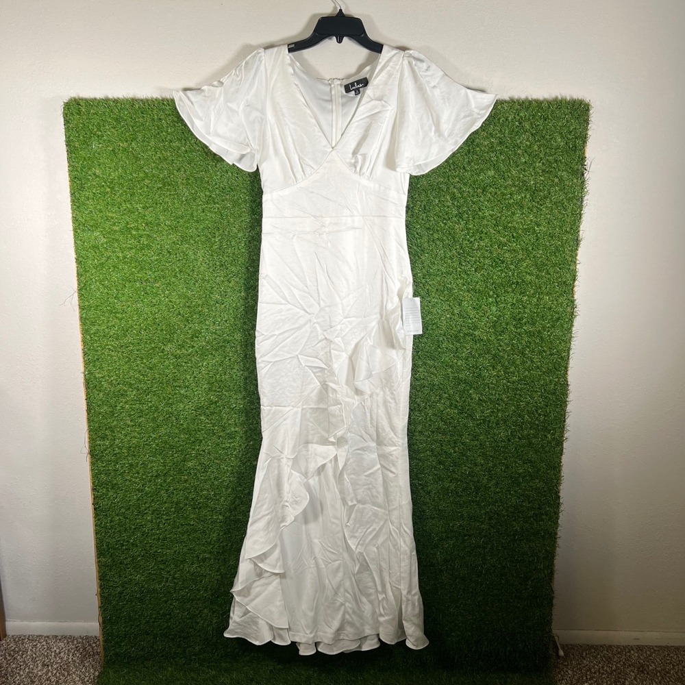 Lulus White Satin V Neck Flutter Sleeve Mermaid‎ Maxi Dress Size S